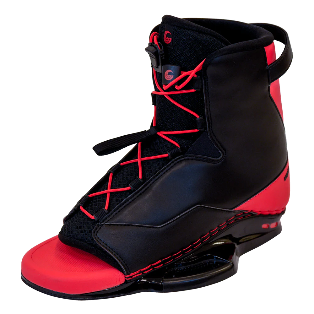 Black and red open-toe waterski boot with red laces and sturdy ankle support