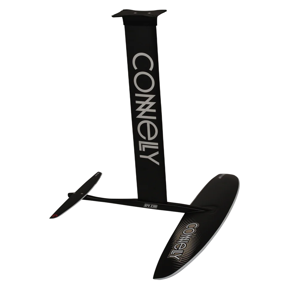Black Connfly hydrofoil assembly with mast, fuselage, stabilizer, and front wing for water sports