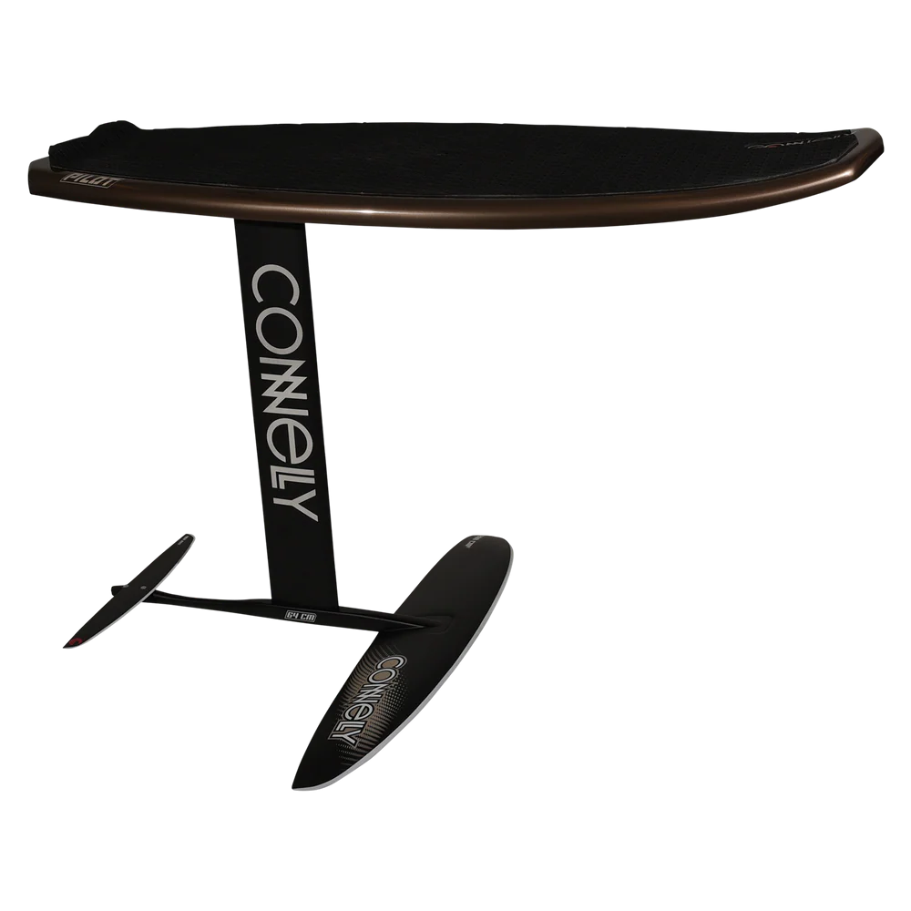 Connelly Pilot foil surfboard with black and bronze deck and hydrofoil fins isolated on black