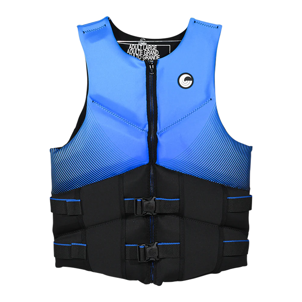 Blue and black life vest on a white background