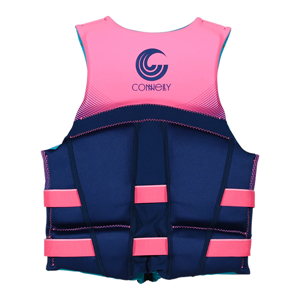 Pink and navy life vest with Connelly logo on a white background