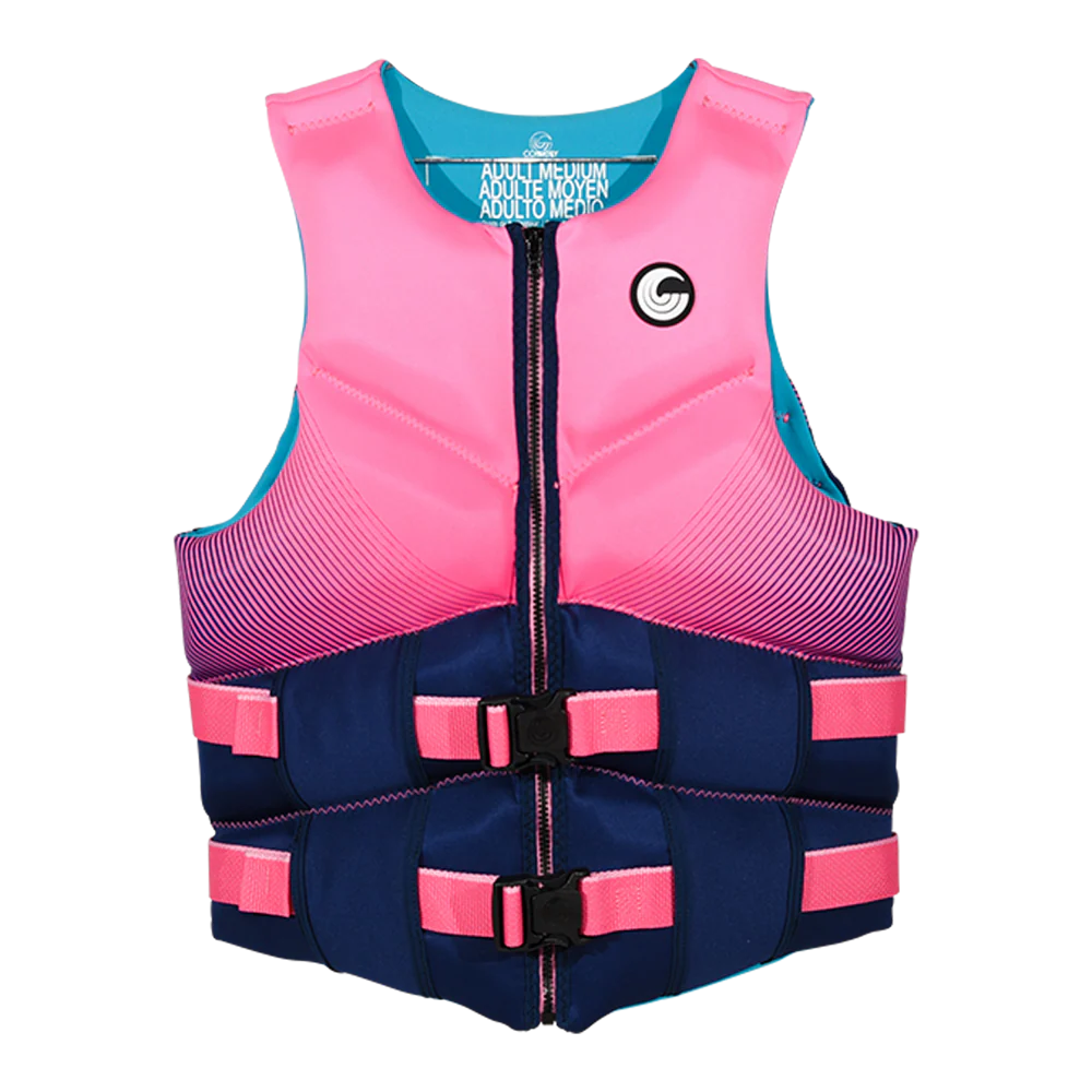 Pink and navy life vest on a white background
