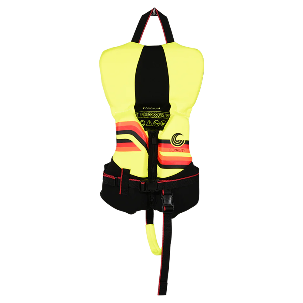 Yellow and black life jacket with red accents on a white background