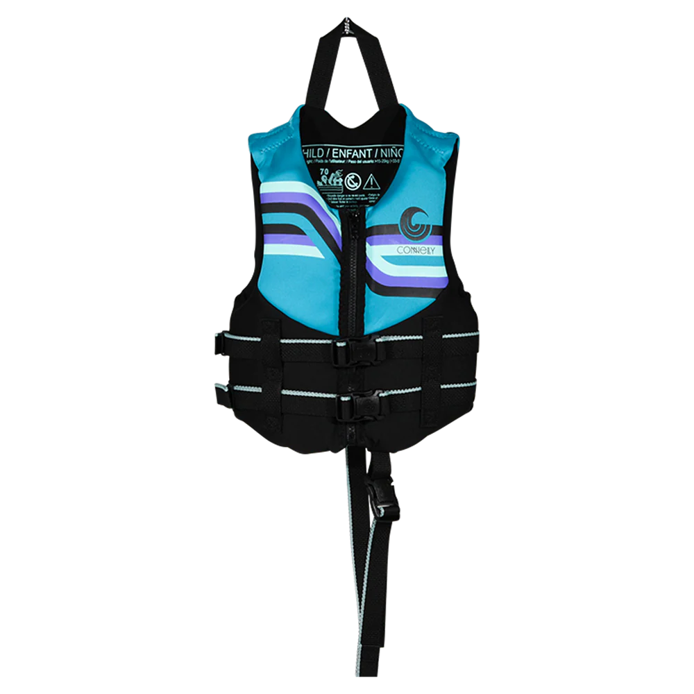 Blue and black life vest with visible branding on a white background