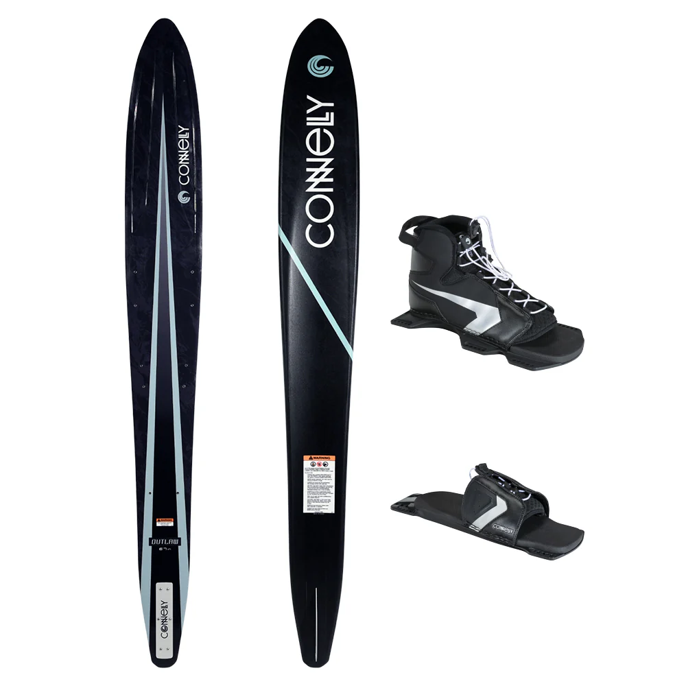 Black front and back image of water ski with Connelly branding, a water ski boot, and a water ski binding on a white background.