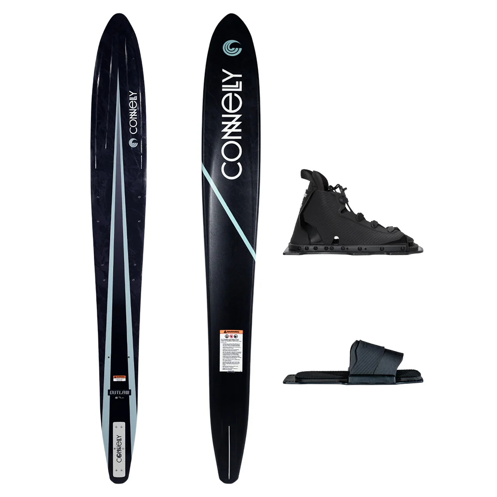 Black water skis with 'Connelly' branding and a pair of black water ski boots on a white background.