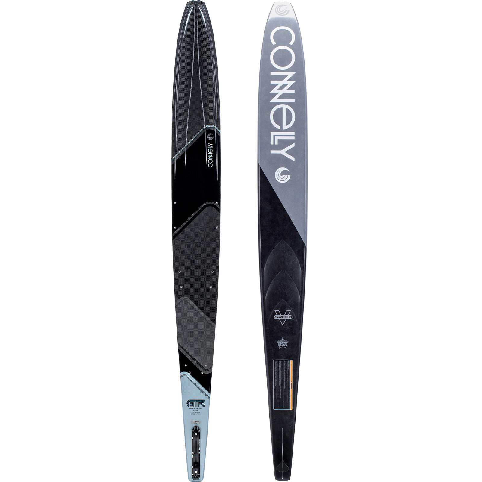 Connelly GTR water ski with black and gray design, speed ski front and back views