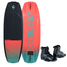 Wakeboard with gradient design and 'Connelly' branding, accompanied by black boots on a white background.