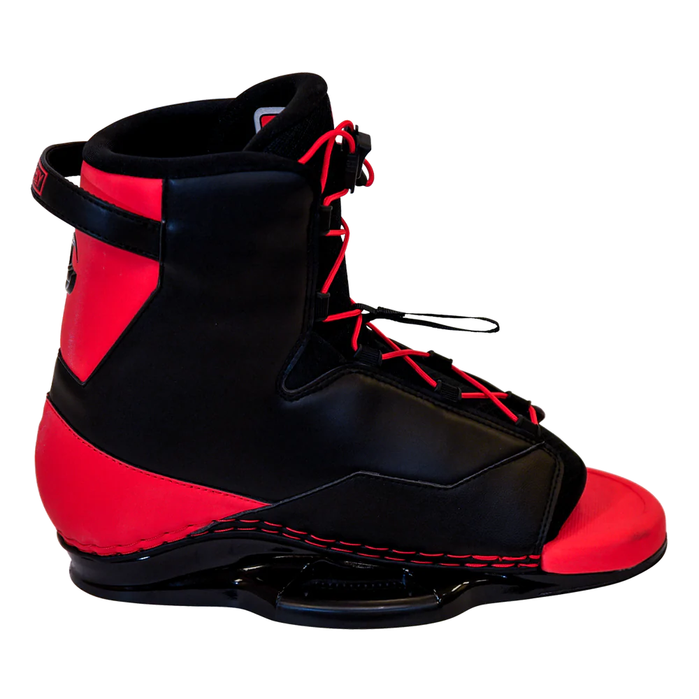 Black and red water sports boot with laces and sturdy sole for wakeboarding or water skiing