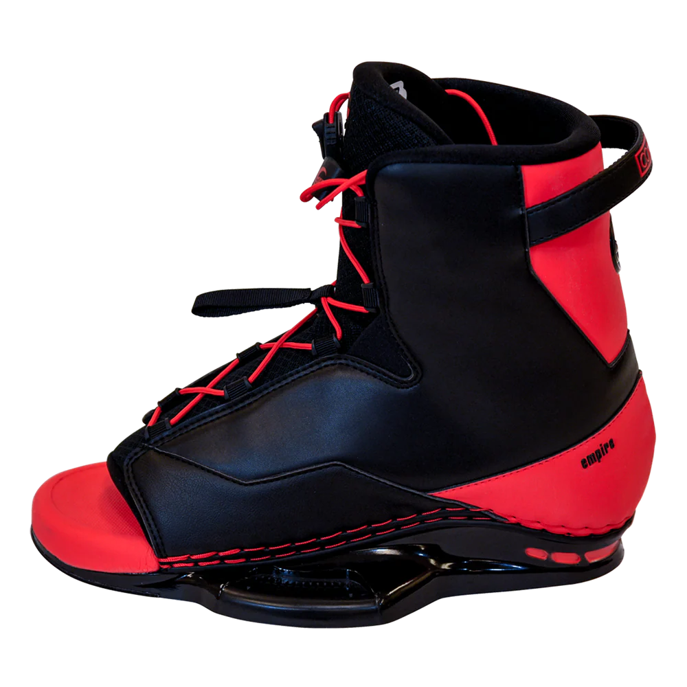 Black and red Empire wakeboard boot with open toe design and red laces