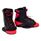 Pair of black and red wakeboard boots with red laces and high ankle support