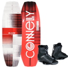 Wakeboard with red and white design and 'Connelly' branding, accompanied by black boots on a white background.