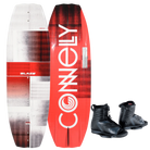 Wakeboard with 'Connelly' branding and a pair of black boots on a white background