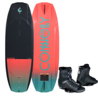 Wakeboard with gradient design and 'Connelly' branding, accompanied by black boots on a white background.