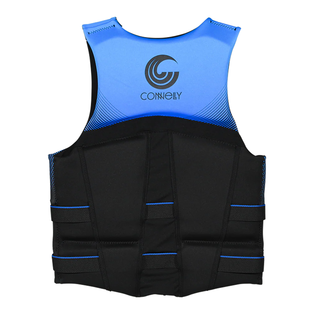 Black and blue life vest with a brand logo on a white background