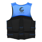 Black and blue life vest with a brand logo on a white background