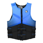 Blue and black life vest on a white background