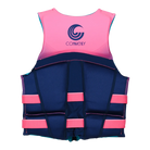 Pink and navy life vest with Connelly logo on a white background