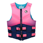 Pink and navy life vest on a white background
