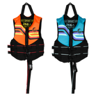 Two life vests, one orange and black, the other blue and black, on a white background.