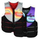 Two life vests, one with a colorful design and the other with a purple and black design, on a white background.