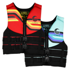 Two life vests with colorful designs on a white background