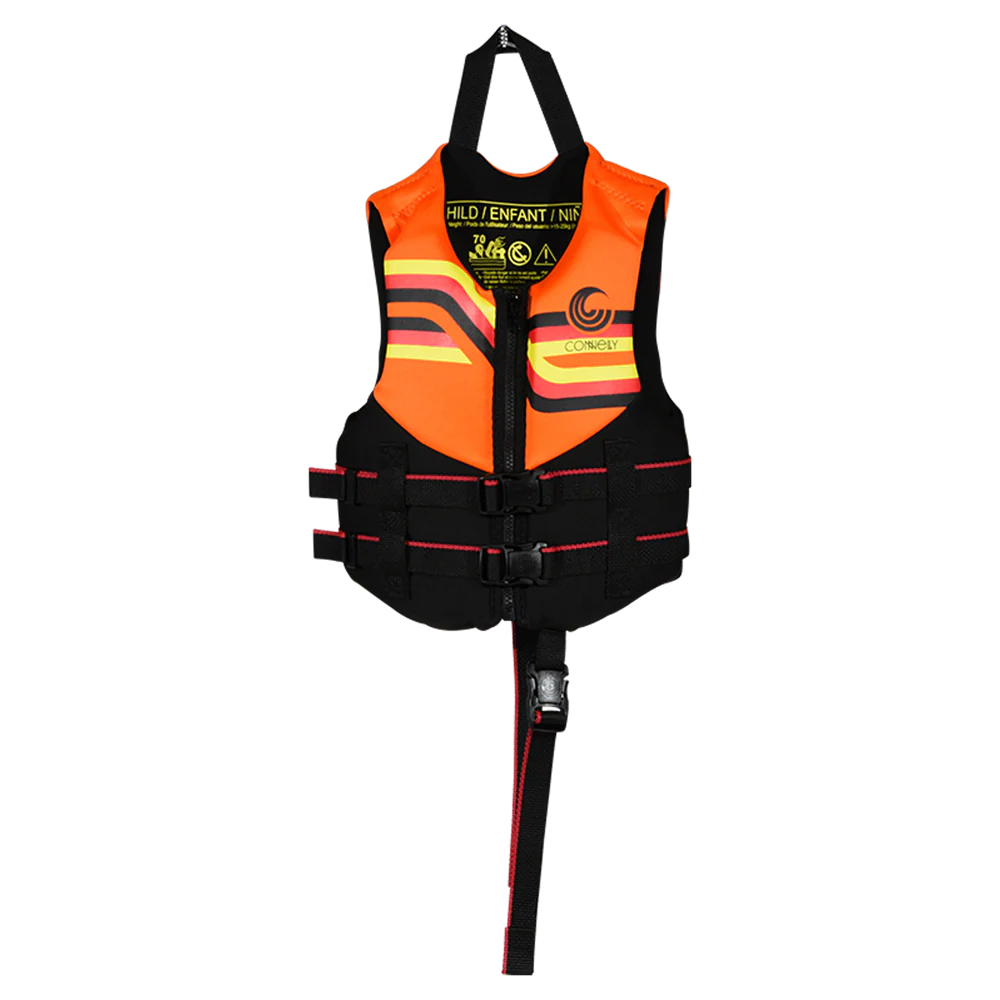 Orange and black life vest with visible branding on a white background