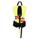 Yellow and black life jacket with red accents on a white background