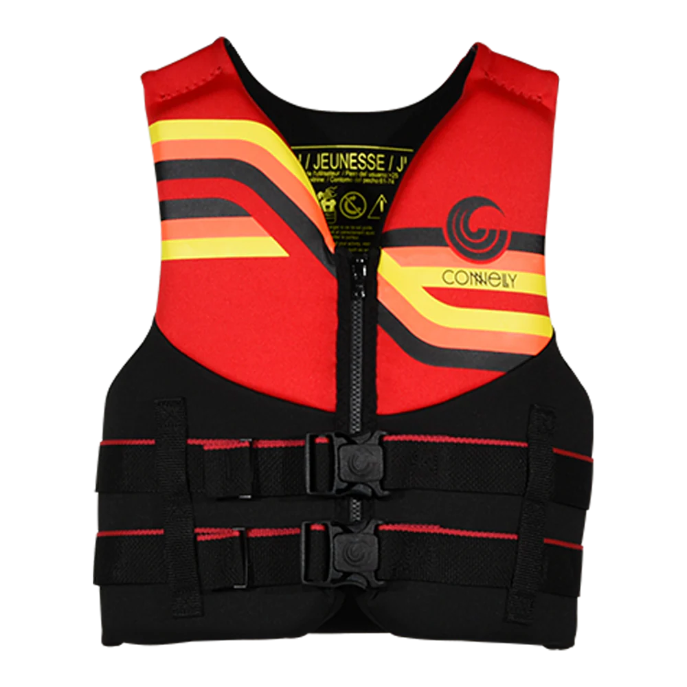 Red and black life vest with Connelly logo on a white background
