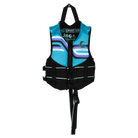 Blue and black life vest with visible branding on a white background