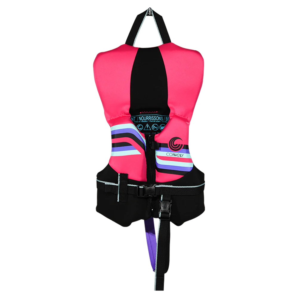 Pink and black life vest with colorful accents on a white background