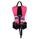 Pink and black life vest with colorful accents on a white background