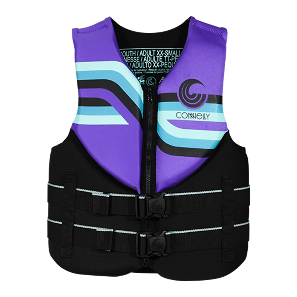 Purple and black life vest with Connelly branding on a white background