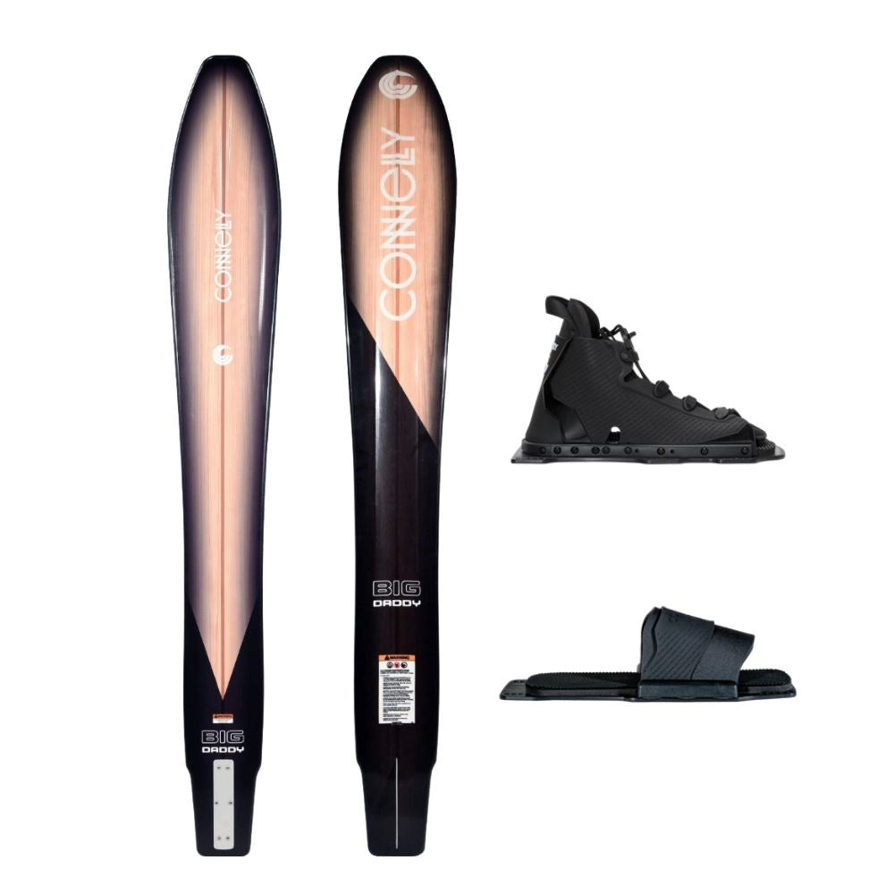 Connelly Big Daddy water ski with front and rear views, including black adjustable bindings and strap