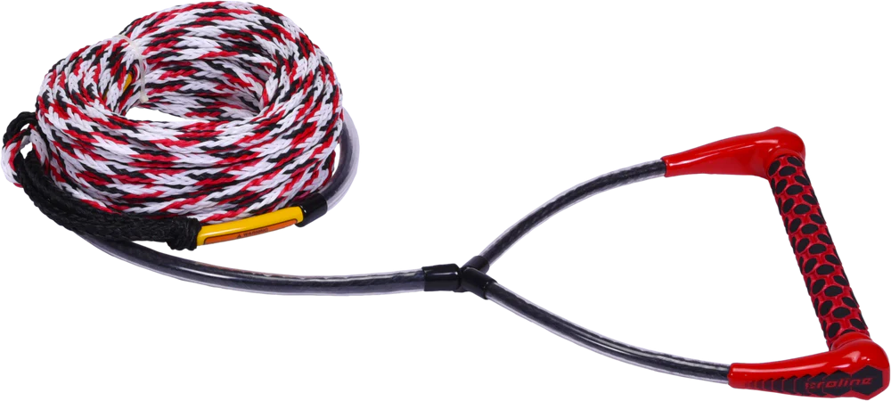 Wakeboard rope with red and black handles on a white background