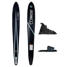 Black water skis with 'Connelly' branding and a pair of black water ski boots on a white background.