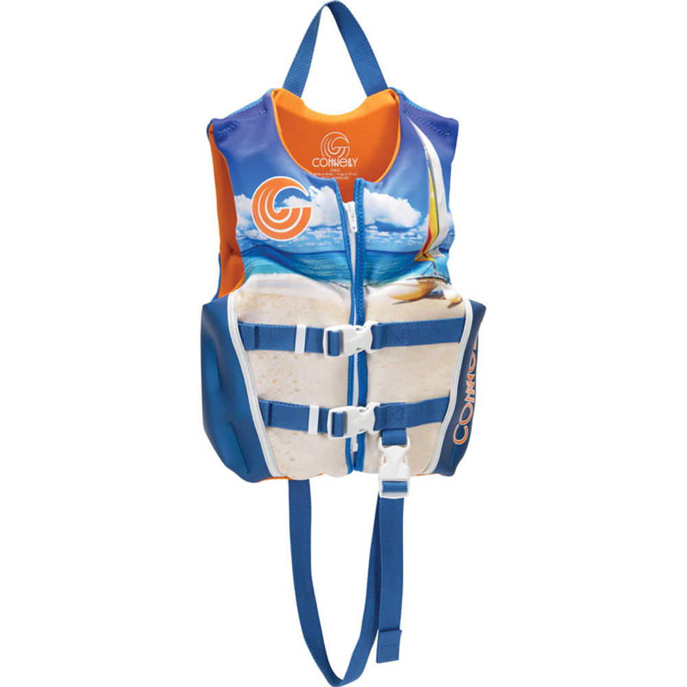 Blue and orange Connelly kids life jacket vest with beach and sailboat design, adjustable straps
