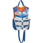 Blue and orange Connelly kids life jacket vest with beach and sailboat design, adjustable straps