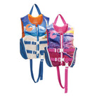 Two colorful kids' life vests with ocean and beach prints, blue and pink straps, Connelly brand